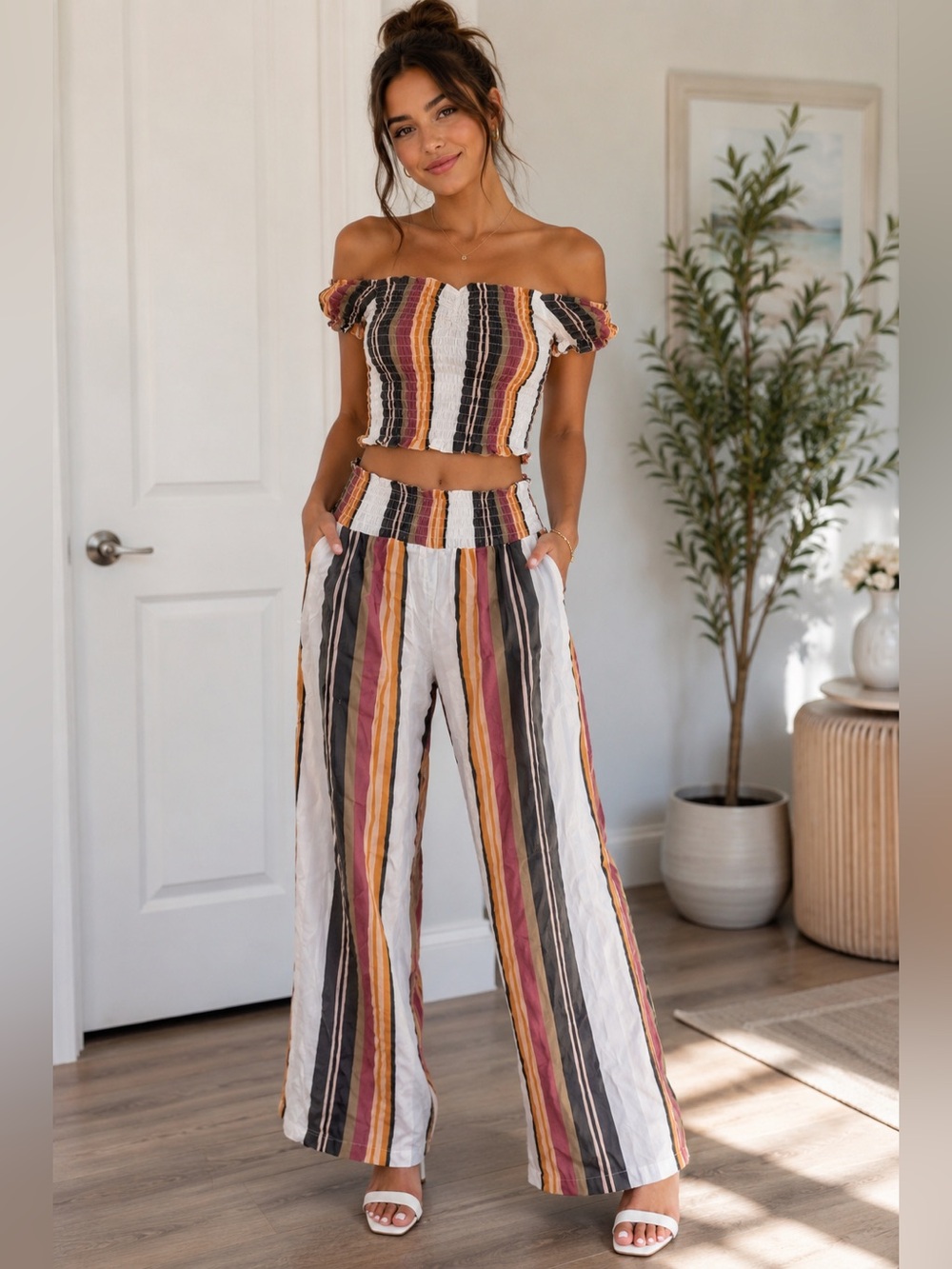 Salty Lemon 2-Piece Smocked Crop Top & Wide Leg Pants Boho Cottagecore Juniors L